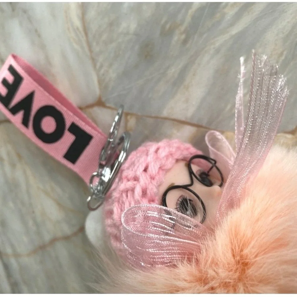 Pink Faux Fur Doll Keychain Charm with Glasses and LOVE Strap Accessory‎
